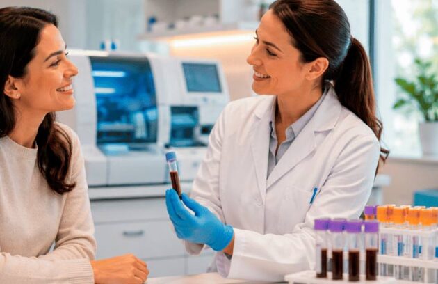 Paciente sorrindo com uma médica após realizar exame laboratorial