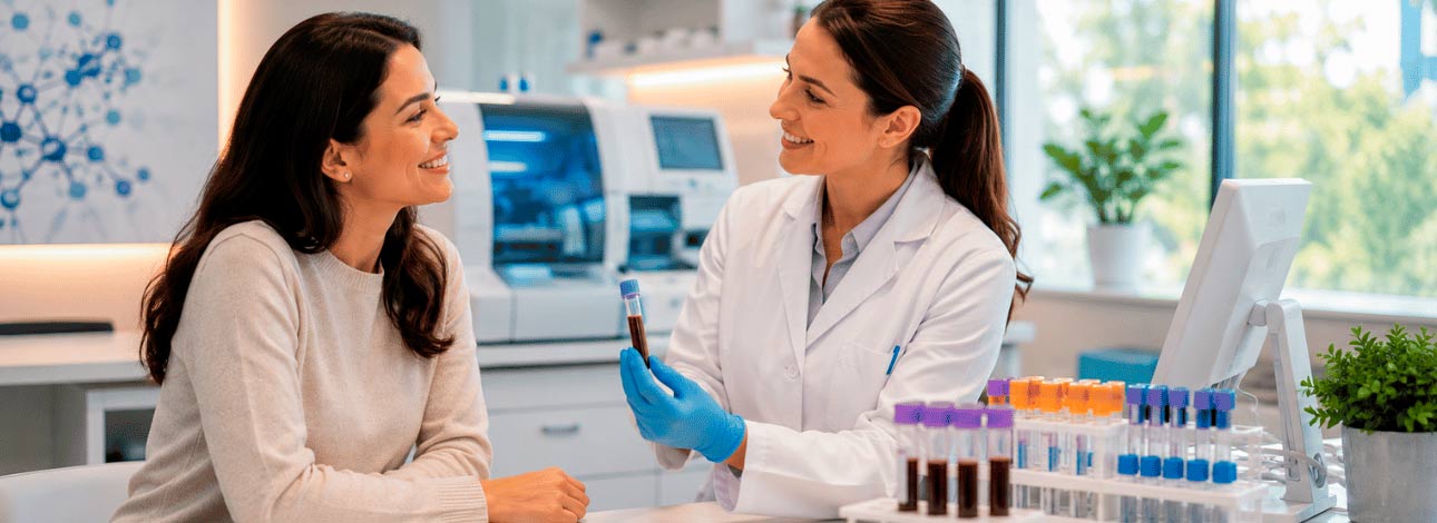 Paciente sorrindo com uma médica após realizar exame laboratorial