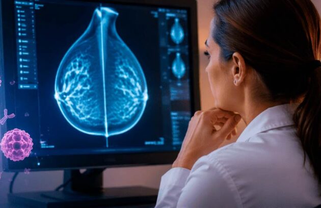 Médica analisando resultado de exame de uma mamografia