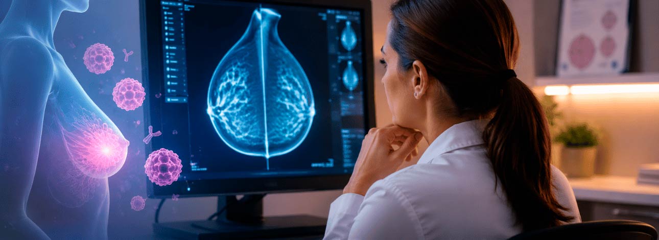 Médica analisando resultado de exame de uma mamografia