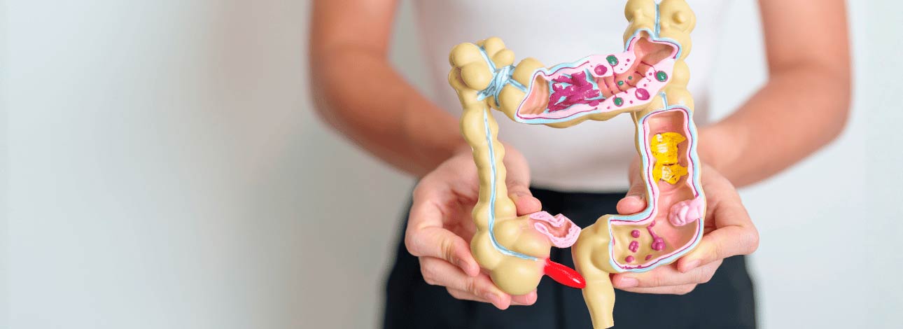Mulher segurando um intestino