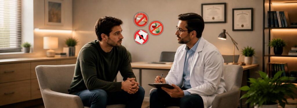 Paciente em consulta com psiquiatra para tratar de vícios