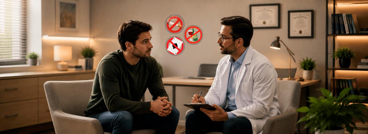 Paciente em consulta com psiquiatra para tratar de vícios