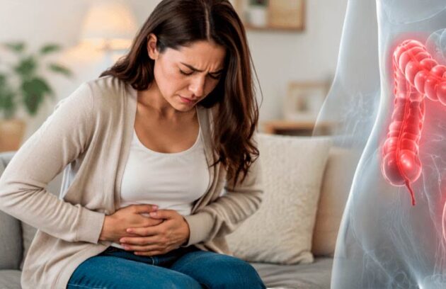 Mulher com as mãos na barriga sofrendo com a síndrome do intestino irritável