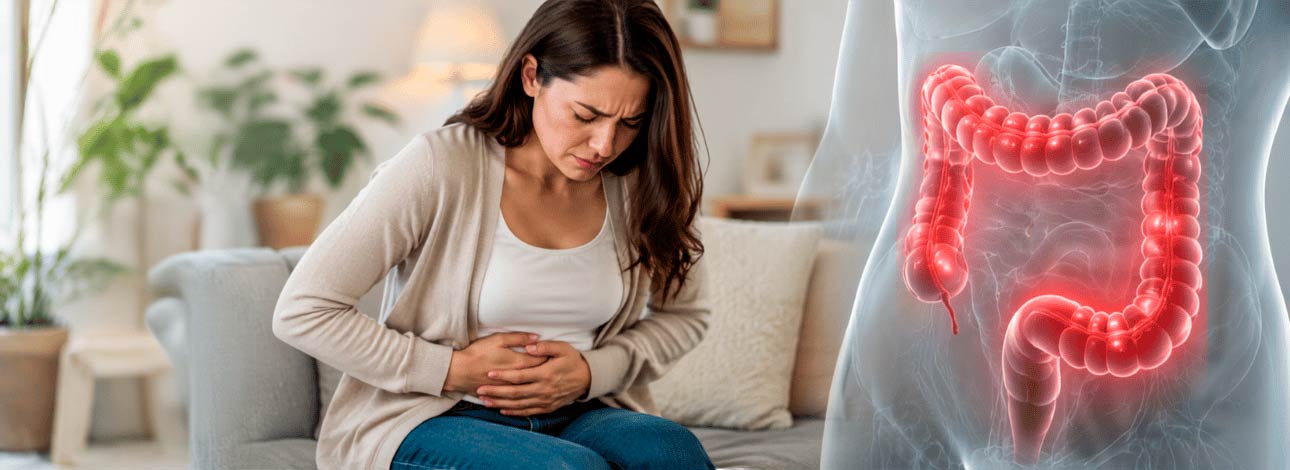 Mulher com as mãos na barriga sofrendo com a síndrome do intestino irritável