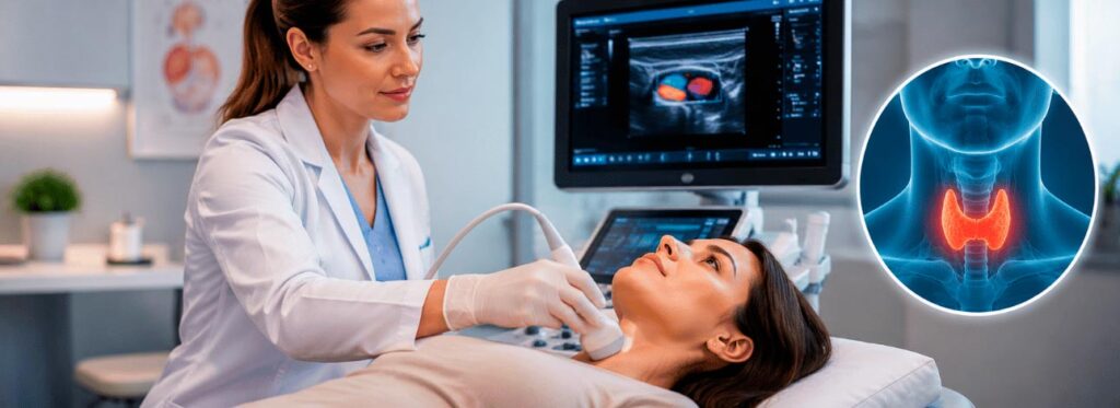 Paciente do sexo feminino realizando exame de Ultrassom da tireoide
