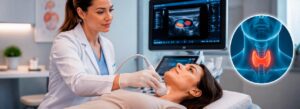 Paciente do sexo feminino realizando exame de Ultrassom da tireoide