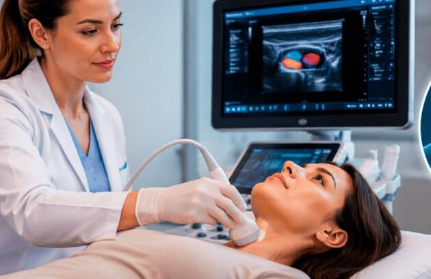 Paciente do sexo feminino realizando exame de Ultrassom da tireoide
