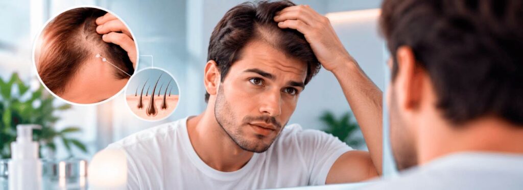 Homem jovem com a mão na cabeça avaliando sua calvície