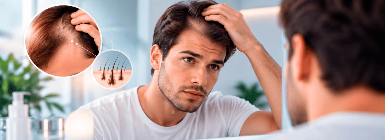 Homem jovem com a mão na cabeça avaliando sua calvície