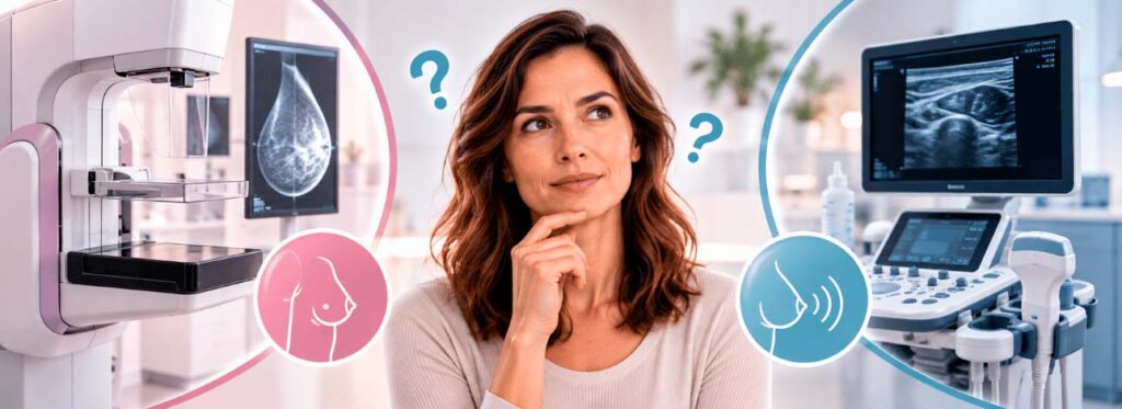 Mulher com expressão de dúvida sobre exame de mamografia e ultrassom de mama