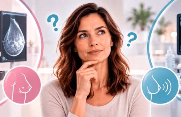 Mulher com expressão de dúvida sobre exame de mamografia e ultrassom de mama