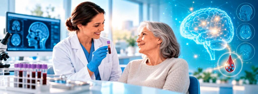 Paciente realizando exame de sangue para diagnosticar Alzheimer em laboratório