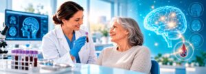 Paciente realizando exame de sangue para diagnosticar Alzheimer em laboratório