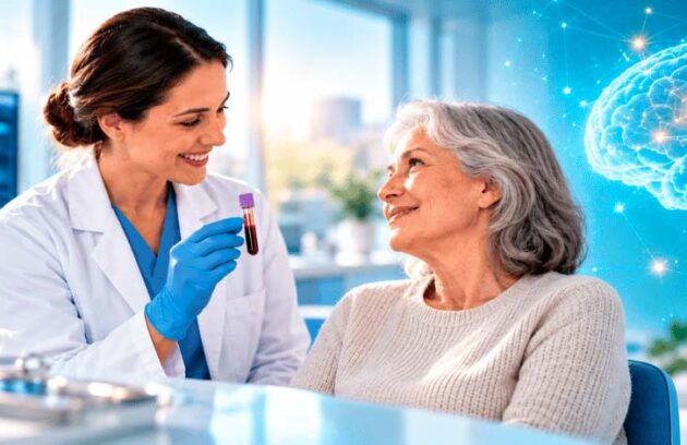 Paciente realizando exame de sangue para diagnosticar Alzheimer em laboratório