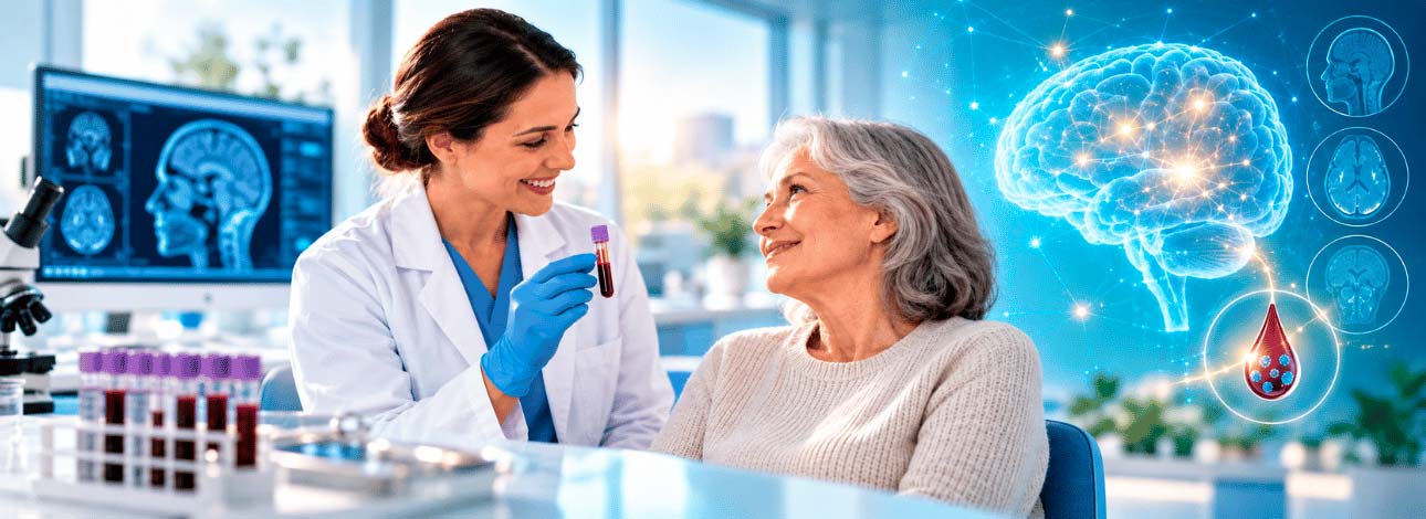 Paciente realizando exame de sangue para diagnosticar Alzheimer em laboratório