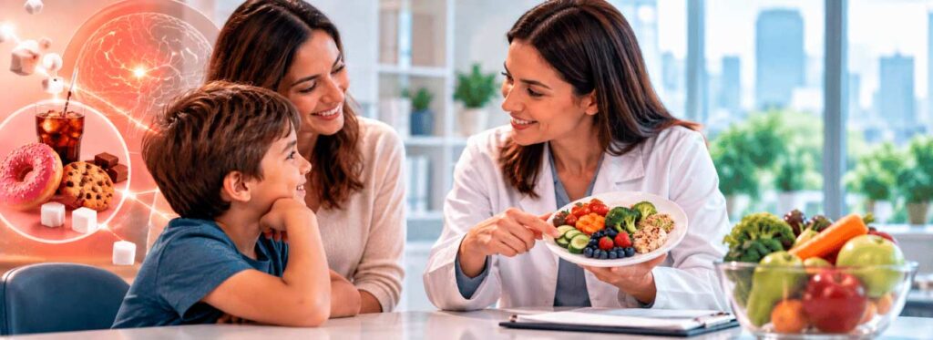 Mãe e filho em consulta com nutricionista infantil para falar sobre alimentação