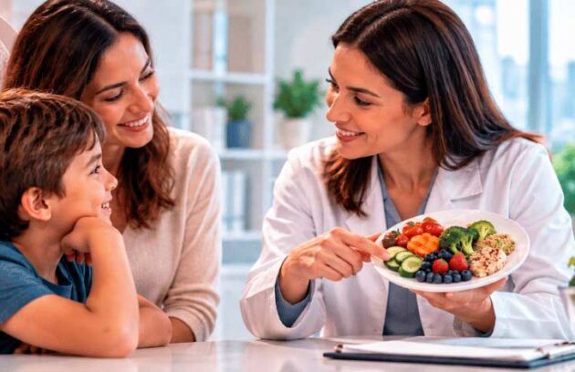 Mãe e filho em consulta com nutricionista infantil para falar sobre alimentação