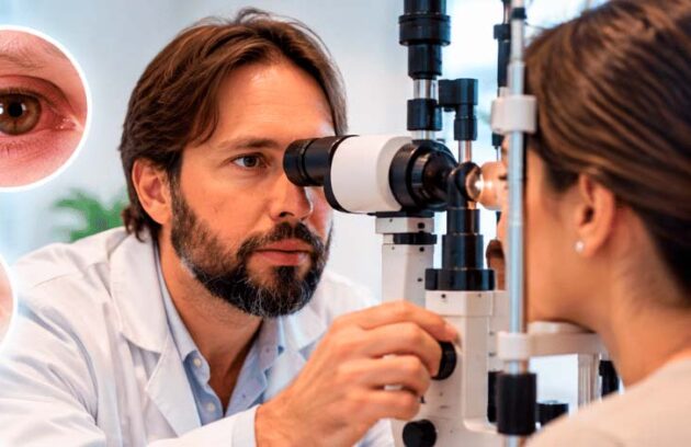 Médico oftalmologista avaliando a saúde ocular da paciente