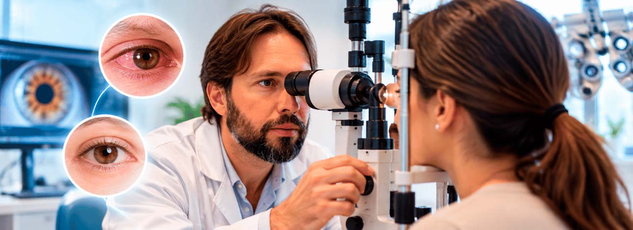 Médico oftalmologista avaliando a saúde ocular da paciente