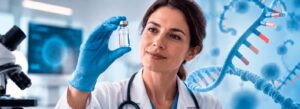 Cientista segurando frasco de vacina em laboratório