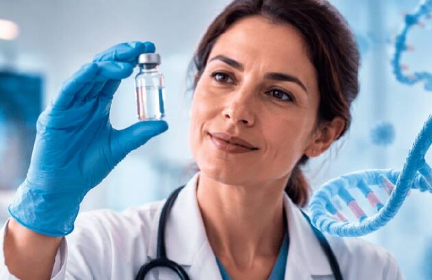 Cientista segurando frasco de vacina em laboratório
