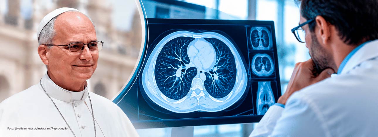 Papa Leão XIV junto a médico analisando diagnóstico do pulmão