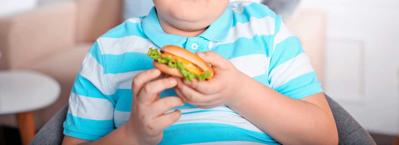 Criança obesa segurando um sanduíche