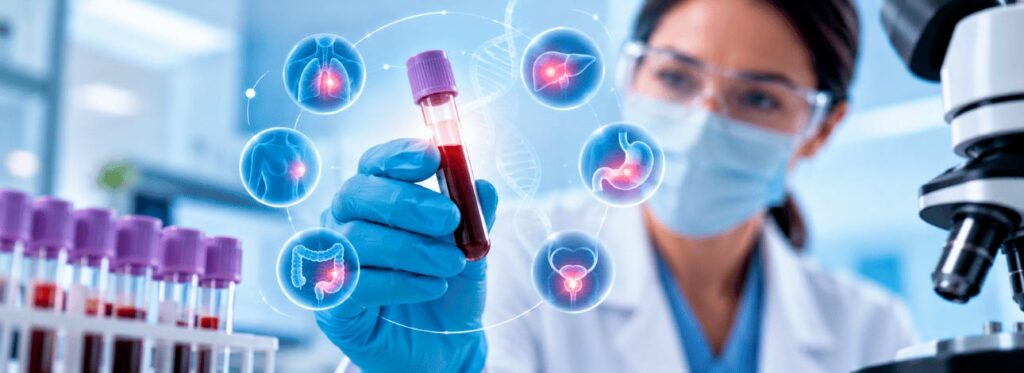 Cientista analisando exame de sangue para marcadores tumorais