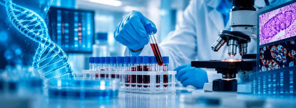 Pesquisa e análise de amostras em laboratório de análises clínicas