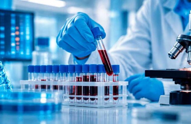 Pesquisa e análise de amostras em laboratório de análises clínicas