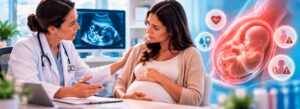 Paciente em consulta com obstetra devido a gravidez de alto risco