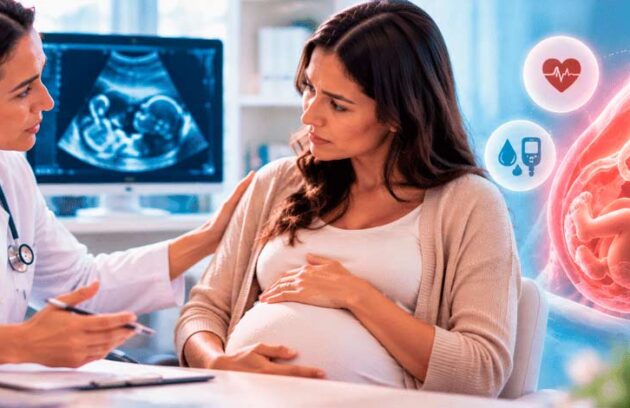 Paciente em consulta com obstetra devido a gravidez de alto risco