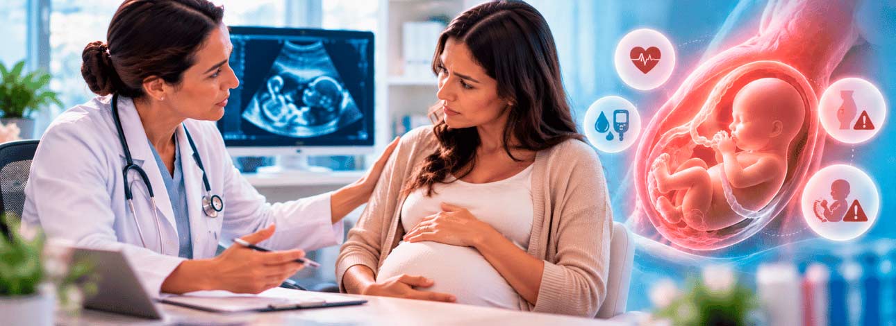 Paciente em consulta com obstetra devido a gravidez de alto risco