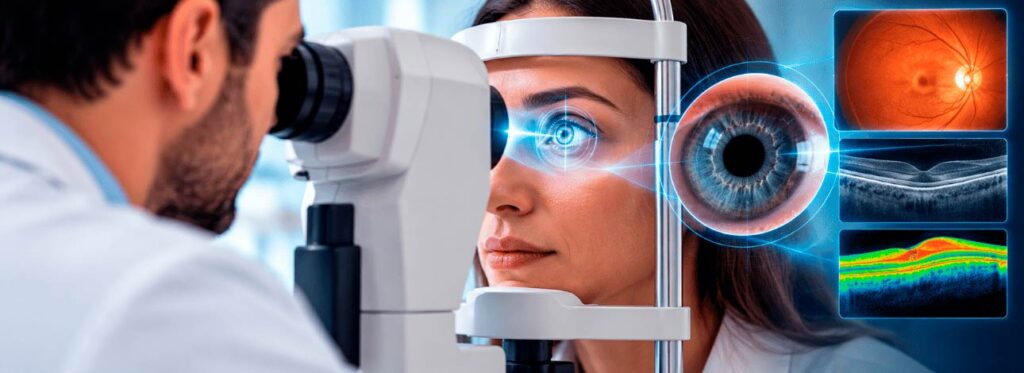 Oftalmologista avaliando saúde ocular da paciente com terapia de luz