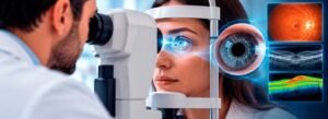 Oftalmologista avaliando saúde ocular da paciente com terapia de luz