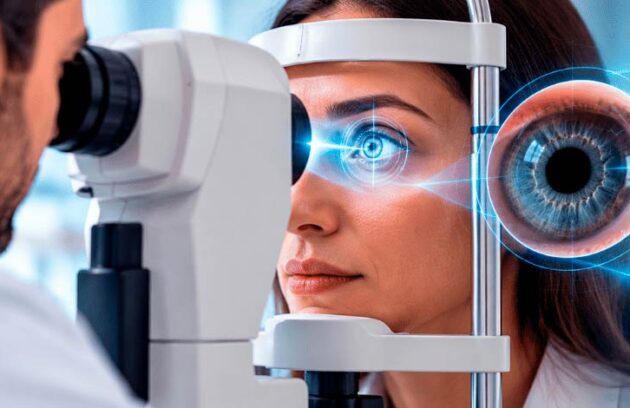 Oftalmologista avaliando saúde ocular da paciente com terapia de luz