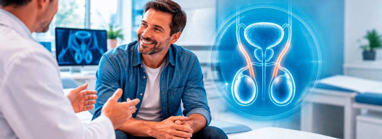 Homem em consulta médica para realização do procedimento de vasectomia